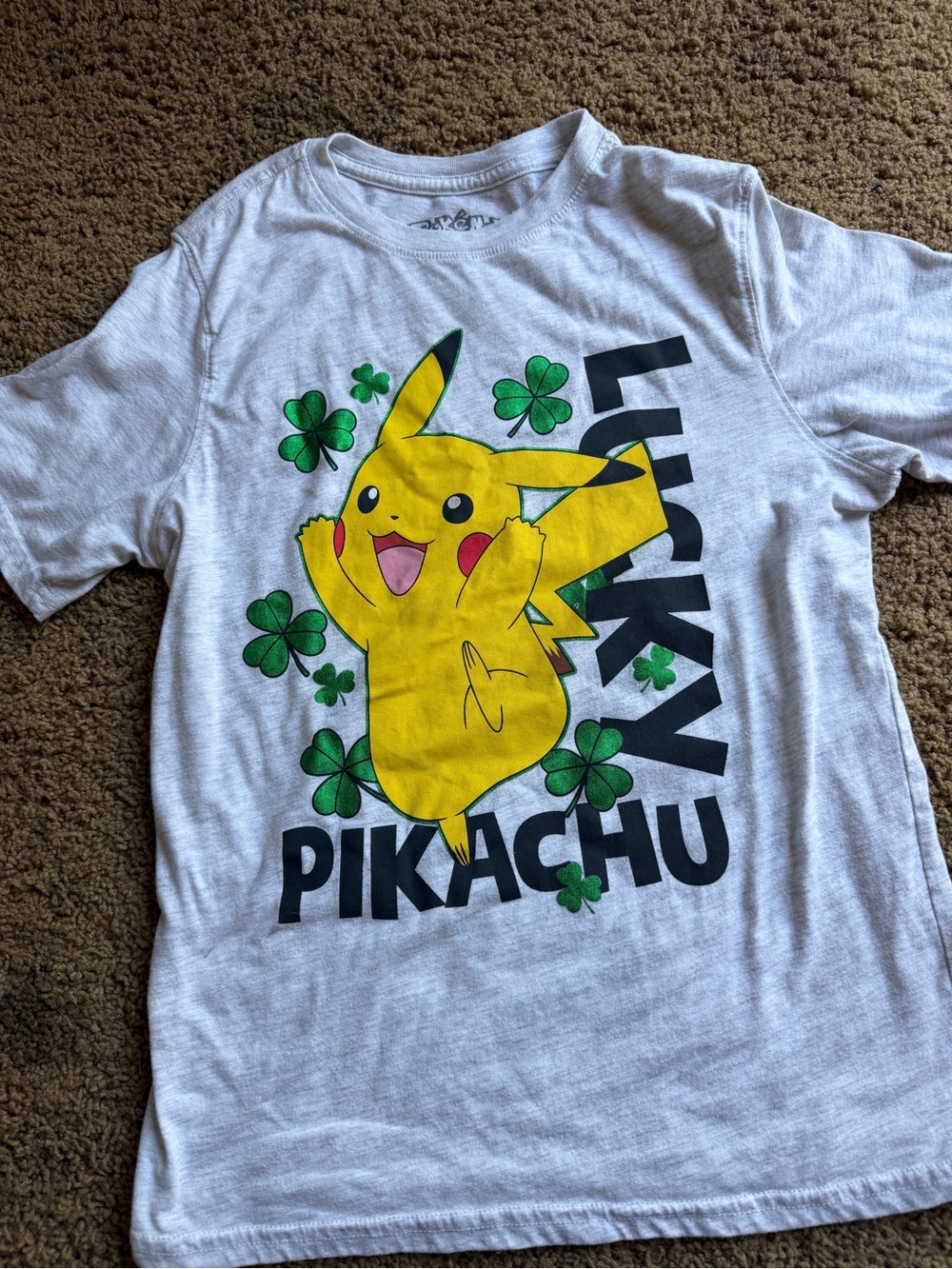 Hybrid Apparel White Pikachu 'Lucky' Graphic Tee with Green Clovers